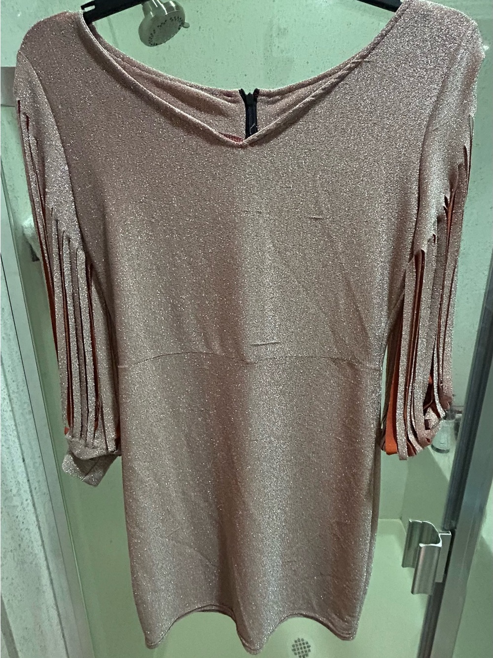 Brown and Gold-Women's Shimmery Pink Midi Dress with Slit Sleeves